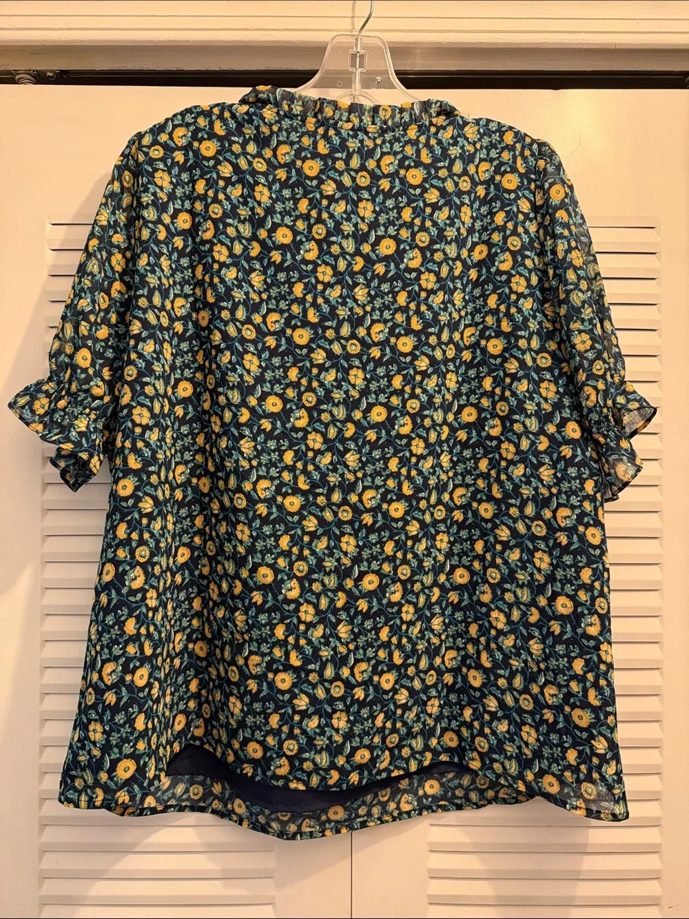 Navy + Yellow Short Sleeve J. Crew Blouse, size XL
